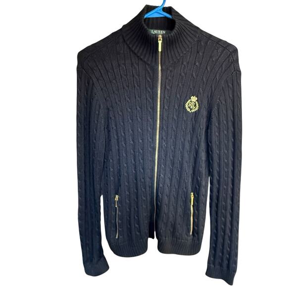 Lauren Ralph Lauren Chunky Cable-Knit Zip Up black Cardigan Sweater M Gold Crest - Picture 1 of 9